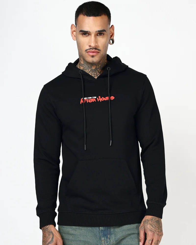 bewakoof Men's Jet Black After Hours Graphic Printed Hoodies